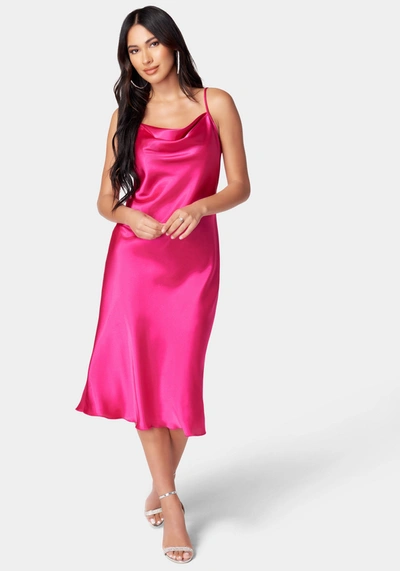 Bebe Satin Cowl Neck Slip Midi Dress In Fuchsia