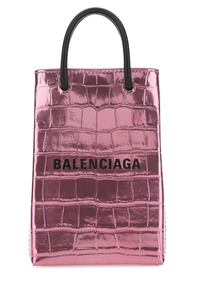 Balenciaga Woman Pink Leather Phone Case In Metallic