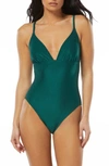 VINCE CAMUTO PLUNGE NECK RIBBED ONE-PIECE SWIMSUIT