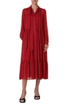 AKRIS PUNTO FLAMINGO DOT PRINT LONG SLEEVE CREPE MIDI DRESS