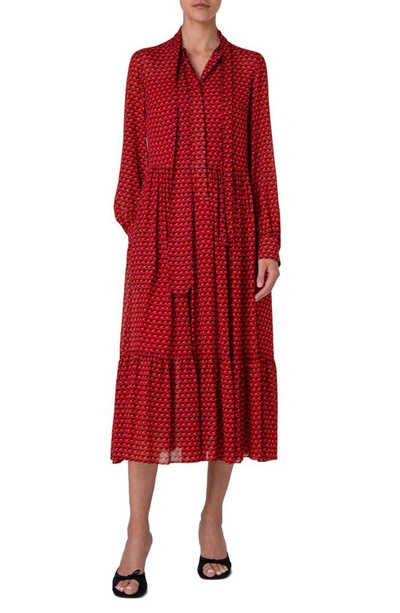 AKRIS PUNTO FLAMINGO DOT PRINT LONG SLEEVE CREPE MIDI DRESS