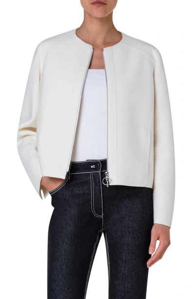 Akris Punto Boiled Wool Felt Collarless Zip Jacket In Cream