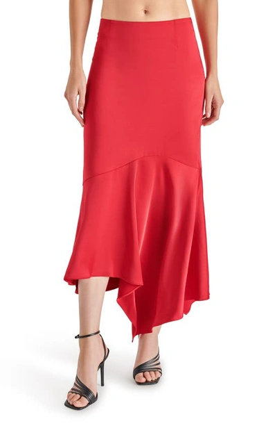 Steve Madden Women's Lucille Satin Asymmetrical Hem Midi Skirt In True Red