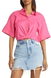 Frame Twist-front Linen-blend Cropped Shirt In Flamingo