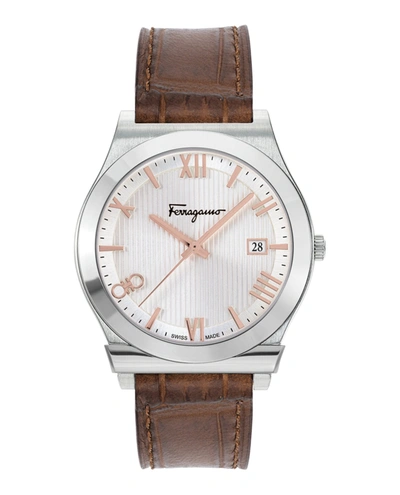 Ferragamo Men's Swiss Gancini Brown Leather Strap Watch 41mm In Silver
