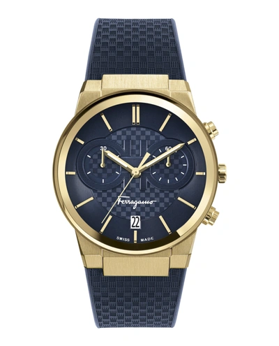 Ferragamo Men's Swiss Chronograph  Sapphire Blue Silicone Strap Watch 41mm In Gold