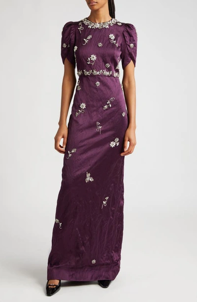 ERDEM CRYSTAL EMBELLISHED TULIP SLEEVE SATIN GOWN