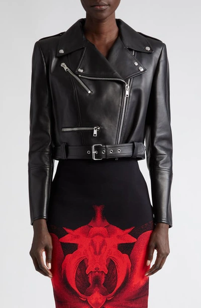 Alexander Mcqueen Cropped Biker Leather Jacket In Black