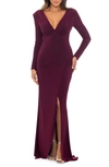 XSCAPE LONG SLEEVE PLUNGE NECK GOWN