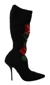 Dolce & Gabbana Black Stretch Socks Red Roses Booties In Black