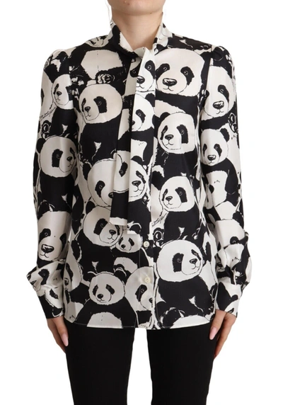 Dolce & Gabbana Black White Panda Print Silk Ascot Collar Top In Black/white