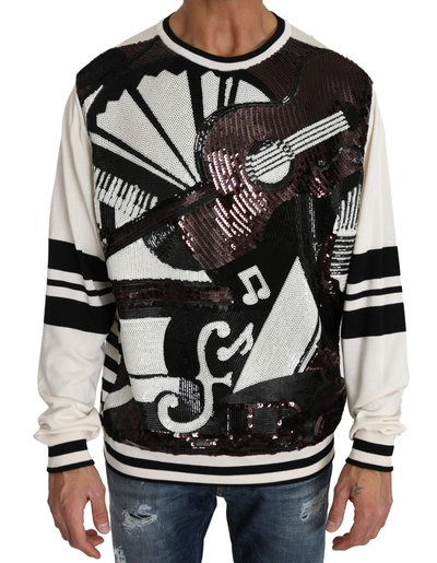 Dolce & Gabbana White Jazz Sequined Guitar Pullover Top Jumper In Black/white