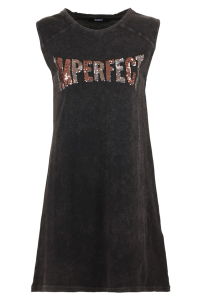 Imperfect Elegant Black Cotton Dress With Logo Women's Detail