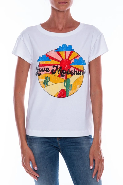 Love Moschino Chic Graphic Cotton Tee With Embossed Women's Detail In White