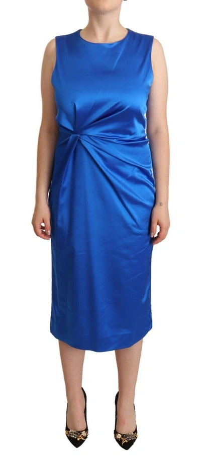 P.a.r.o.s.h Blue Acetate Sleeveless Pleated Midi Sheath Dress
