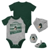 MITCHELL & NESS INFANT MITCHELL & NESS GREEN/HEATHER GRAY MICHIGAN STATE SPARTANS 3-PACK BODYSUIT, BIB AND BOOTIE SE