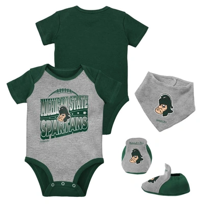 Mitchell & Ness Babies' Infant  Green/heather Grey Michigan State Spartans 3-pack Bodysuit, Bib And Bootie Se