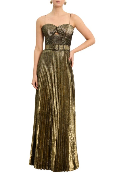 Rebecca Vallance Josie Pleated Cutout Metallic Shimmer Gown In Gold