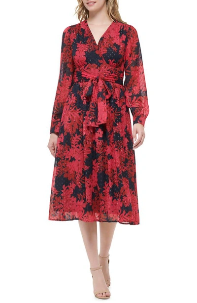 Tommy Hilfiger Floral Long Sleeve Clip Dot Chiffon Midi Dress In Sky Captain/ Persian