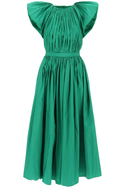 Alexander Mcqueen Pleated Midi Dress With Exaggerated Puff Sleeves In Green