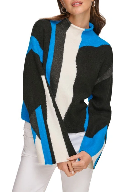 Dkny Women's Asymmetric Colorblock Mock Neck Sweater In Black/electric Blue