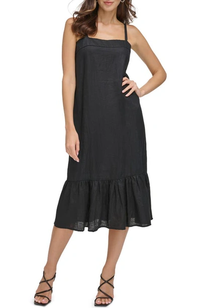 Dkny Women's Solid Linen Sleeveless Tiered Midi Dress In Black