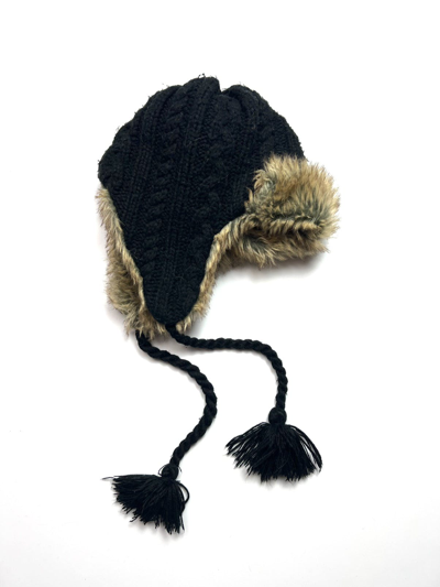 Pre-owned Vintage Y2k Mohair Fuzzy Fux Japan Style Knit Ushanka Trooper Hat In Black