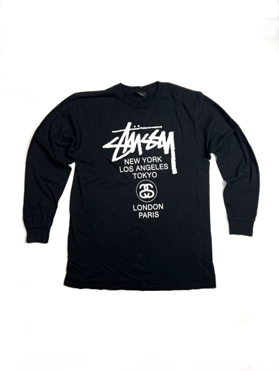 Pre-owned Stussy Y2k  World Tour Big Logo Long Sleeve Tee Shirt In Black