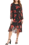 Tommy Hilfiger Plus Womens Floral Belted Midi Dress In Black/ Scarlet