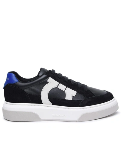 Ferragamo Man Low Cut Sneaker With Gancini Outline In Black/mascarpone