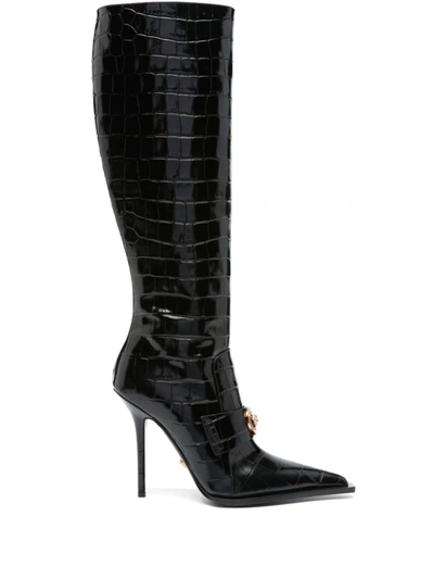 Versace Black Croc-effect Alia Boots In 1b00v-black-