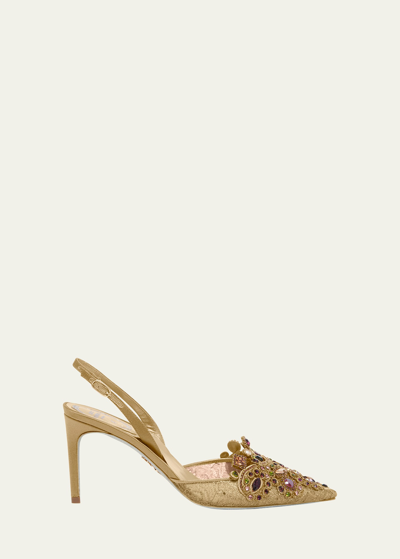 René Caovilla Crystal Embroidered Silk Slingback Pumps In Gold Lacemetallic