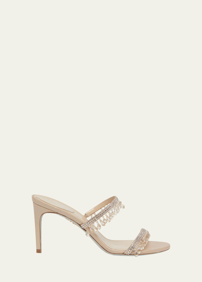 René Caovilla Chandelier Two-band Slide Sandals In Gold Tone/beige