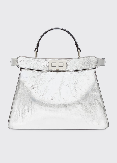 Fendi Peekaboo Small Laminated Top-handle Bag In Palladium