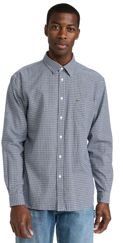 Lacoste Regular Fit Twill Checkered Collared Button Down Shirt In Navy Blue/white