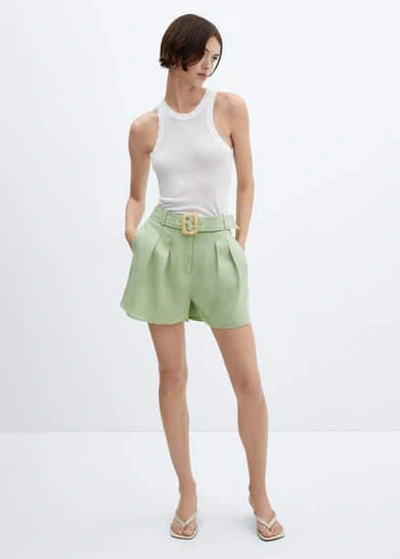 Mango Linen Shorts With Belt Pastel Green