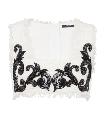 Balmain Baroque Embroidered Tweed Crop Top In White