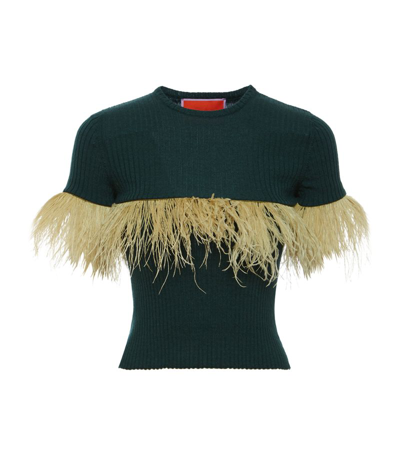La Doublej Cashmere-silk Feather-trim T-shirt In Green