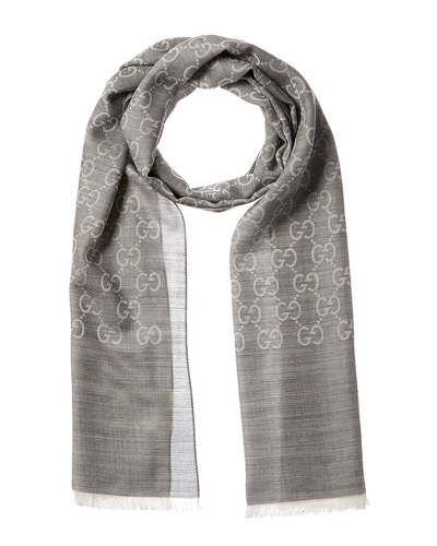 Gucci Logo Small Jacquard Wool & Silk-blend Scarf In Grey
