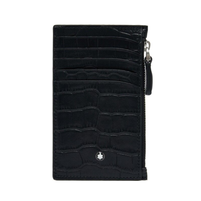 Pre-owned Montblanc Meisterstück Natural Leather Men's Card Coin Wallet Purse With Zipper In Black
