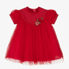 LE MU GIRLS RED DOTTED TULLE DRESS