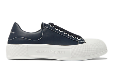 Pre-owned Alexander Mcqueen Leather Deck Plimsoll Navy Blue In Navy/blue