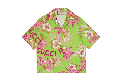 Pre-owned Gucci Printed Silk Bowling Shirt Green/pink