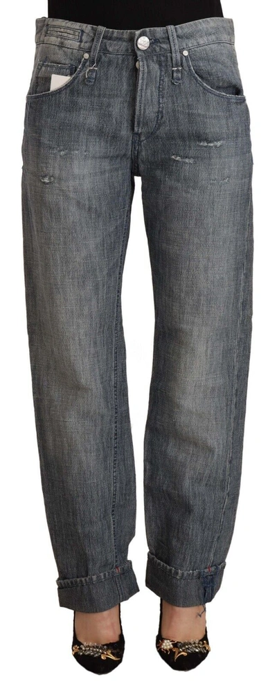 Acht Gray Washed Mid Waist Straight Denim Folded Hem Women's Jeans