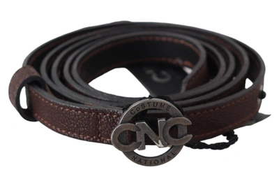 Costume National Brown Skinny Leather Round Logo Buckle Belt