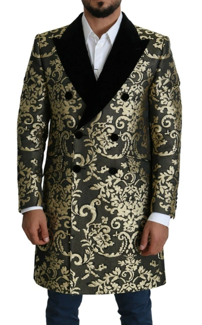 Dolce & Gabbana Black Gold Jacquard Long Coat Sicilia Jacket In Gold Black
