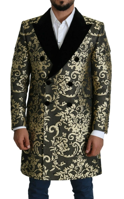 DOLCE & GABBANA DOLCE & GABBANA GOLD BLACK SICILIA JACQUARD DOUBLE-BREASTED MEN'S COAT