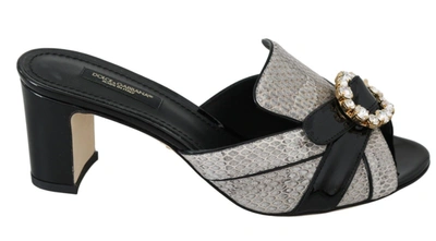 Dolce & Gabbana Black Grey Exotic Leather Crystals Sandals In Black And Grey