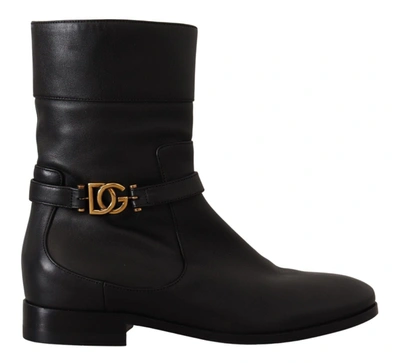 Dolce & Gabbana Black Leather Flats Logo Short Boots Women's Shoes