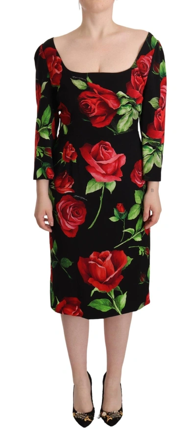 Dolce & Gabbana Black Red Roses Sheath Stretch Silk Dress